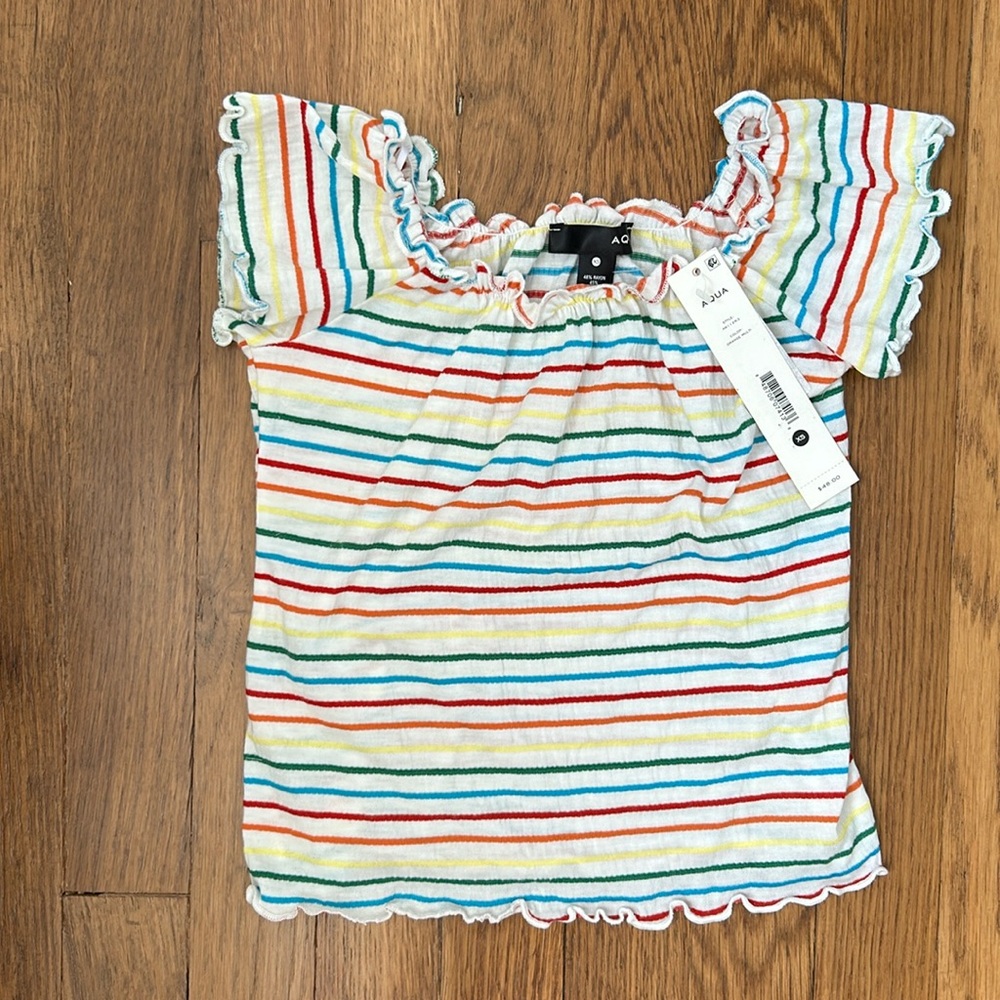 Aqua Rainbow Striped Short Cap Sleeve Ruffle Hem Women's Smock Top XS